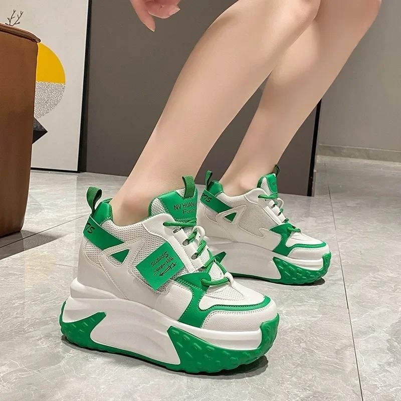 Fashion 11CM Women High Platform Sneakers Autumn Breathable Chunky Non-slip Dad Casual Shoes Thick Sole Trainers Leather Sneakers Woman