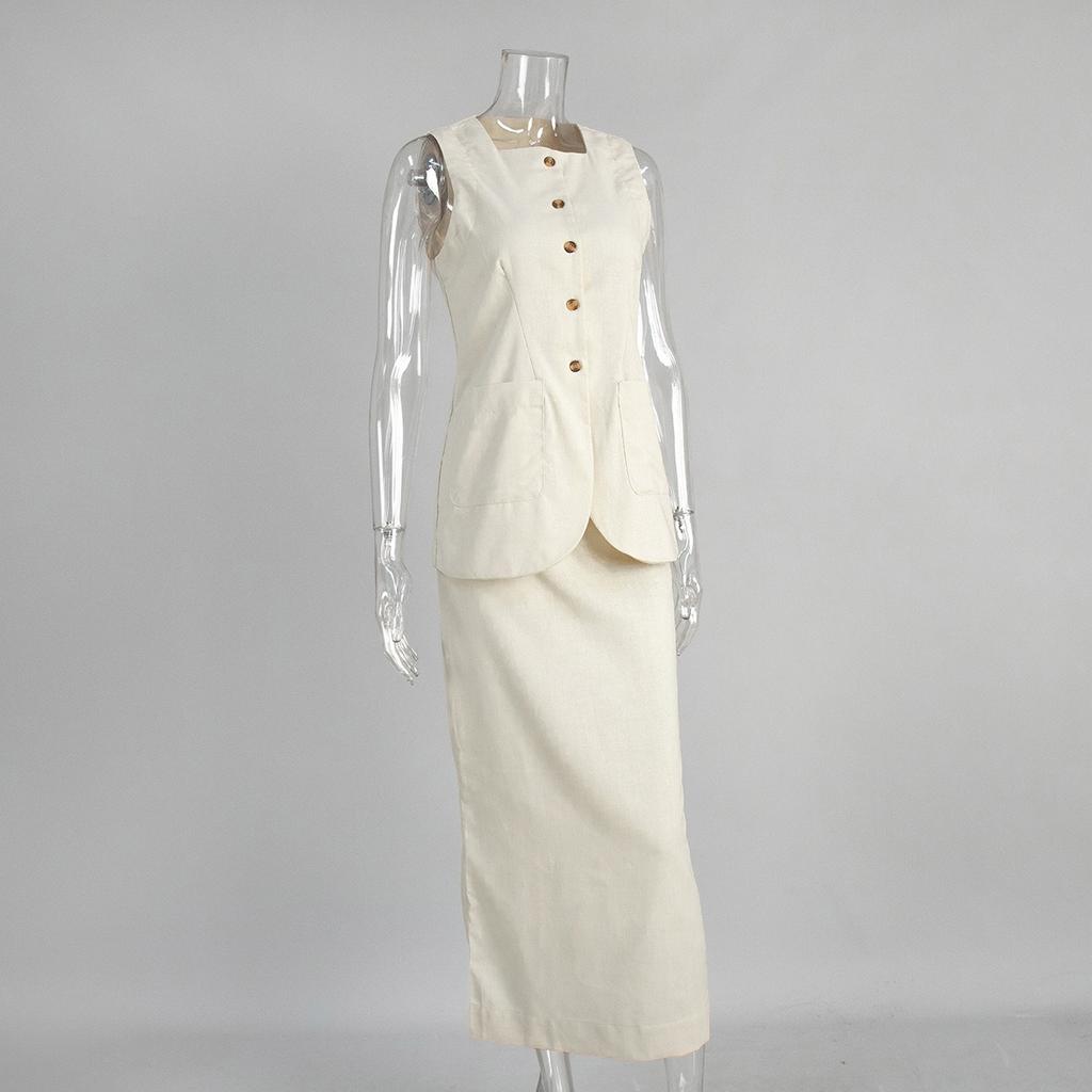 Frühling Sommer Neues Damen Leinen Freizeit Set Einfache Ärmellose Weste + High Waist Rock Zweiteiliges Outfit Europäischer Amerikanischer Stil