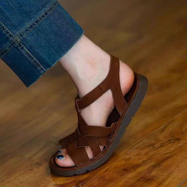 

Cowhide version~ Flat bottom comfortable retro sandals women s 2025 summer sandals versatile soft surface flat bottom Roman women s shoes 40 коричневый