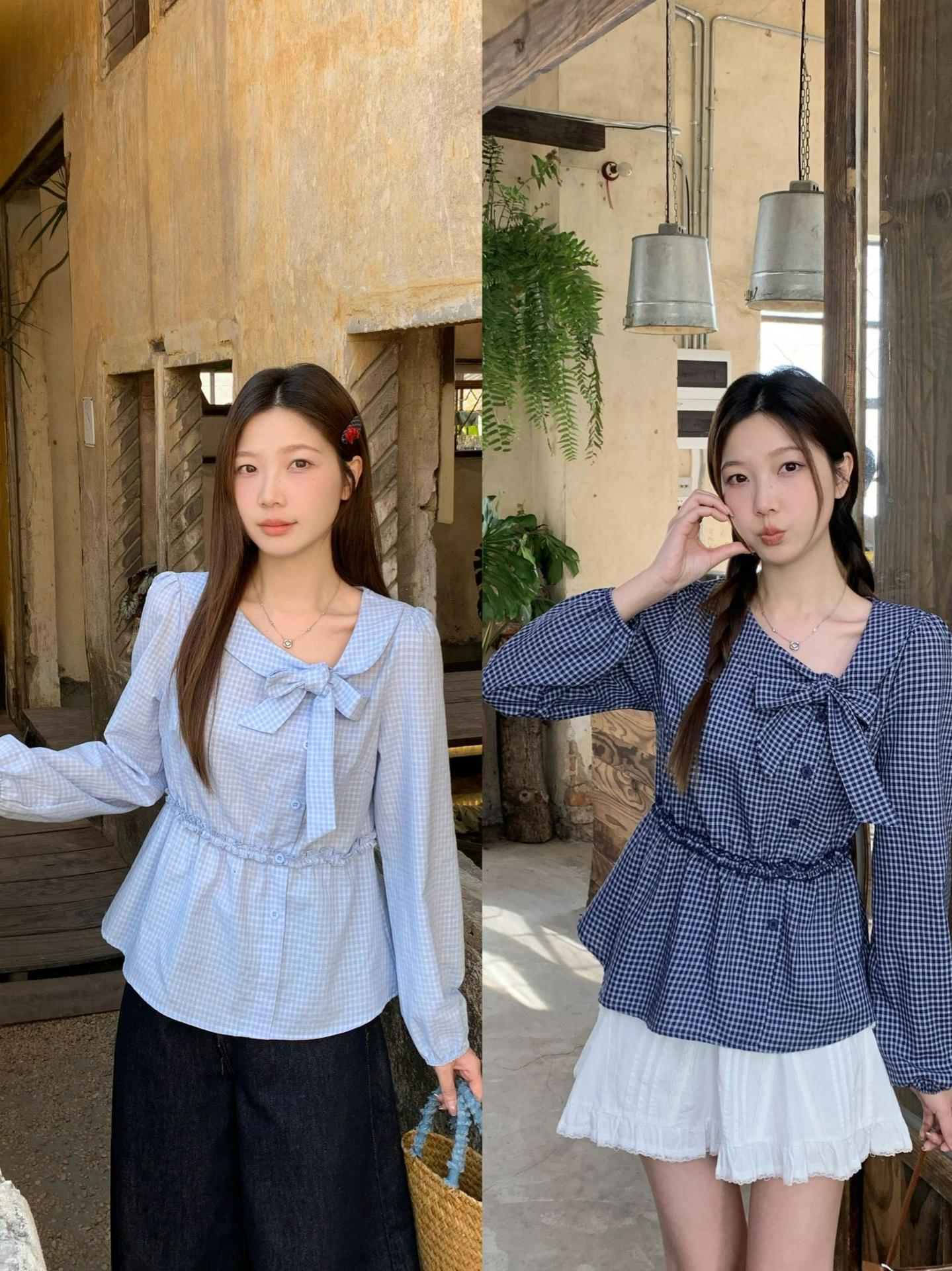 

Spring 2026 Plus Size Plaid Bow Long Sleeve Waist-Cinching Top M королівський синій колір