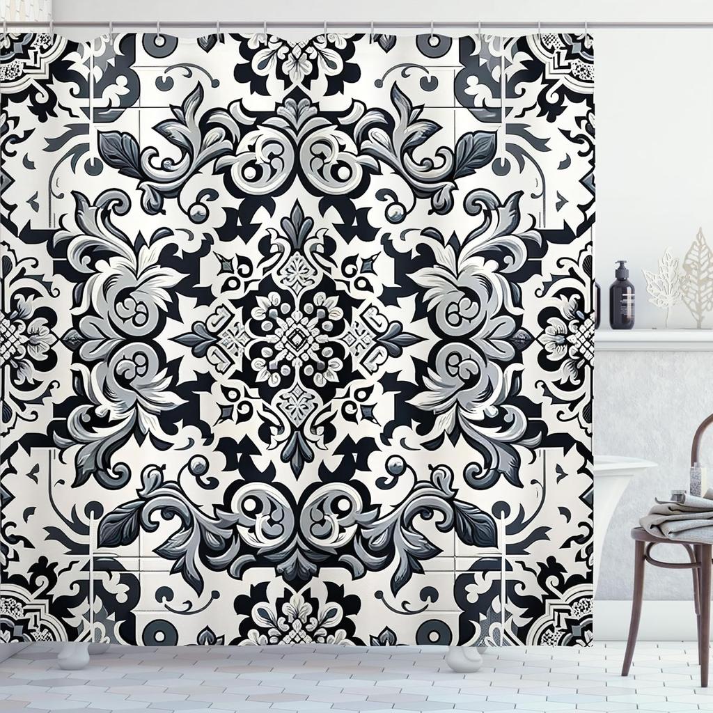 Grey Shower Curtain, Classic Damask Motif With Curlicue Leaves And Oriental Trippy Floral, Cloth Fabric Bathroom Decor