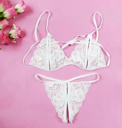 A Large Number of Erotic Underwear Open Three-point Lace Underwear Two-piece Set Transparent Milk Temptation
