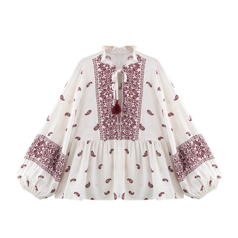 

2025 Spring Retro Print Casual Loose Shirt Extra Small