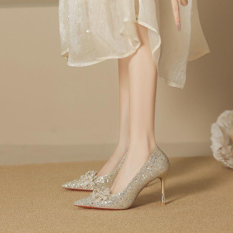 Kristallbesetzte Paillettenblume Hochzeitsschuhe 2025 High Heel spitz Braut Haupt-Hochzeitsschuhe Flash Champagner Verlobung Hochzeitsschuhe