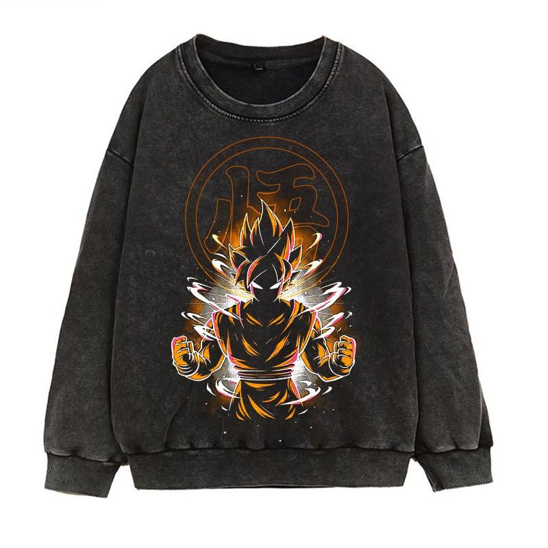 Vintage Washed Dragon Ball Anime Hoodie-Free Crewneck Sweatshirt Teens Men Streetwear Casual Long Sleeve Cotton