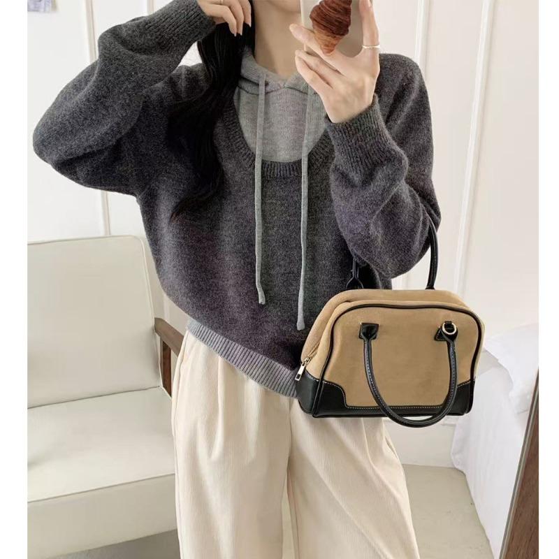 Fake two-piece color matching hooded sweater women's autumn and winter new loose and simple casual style pullover knitted sweater