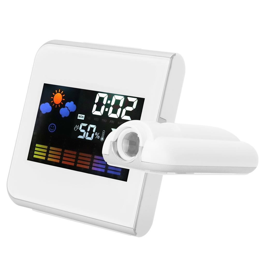 Innenprojektion LED Uhr Thermometer Hygrometer Wettervorhersage Schlummerfunktion Ewiger KalenderWeiß