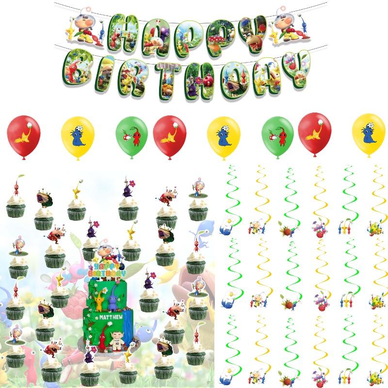 Sada Narozeninových Dekorací Pikmin-4 Vlaječky Balónky Zápichy a Závěsné Dekorace