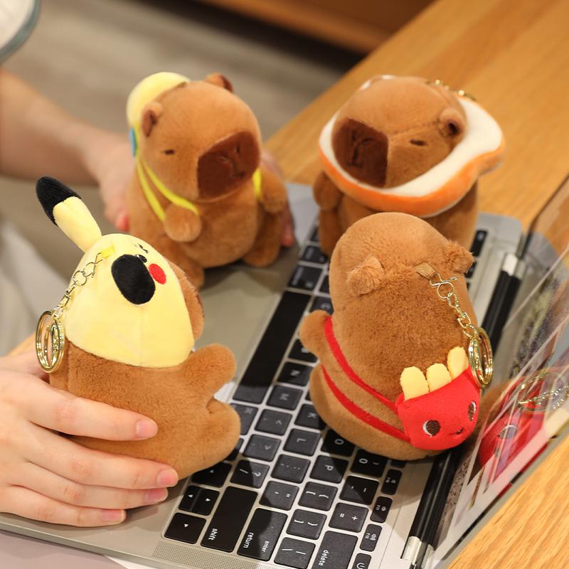 12cm Kawaii Anime Capybara Plushies With Pikachu Stitch Lucifer Cat Hat Doll Stuffed Animals Capybara Plushies Girl Toys