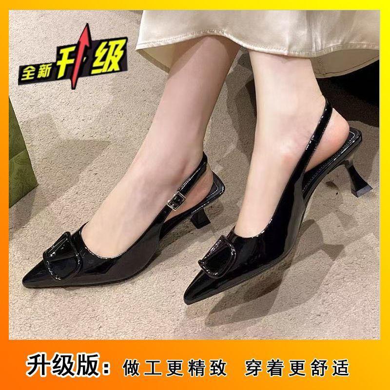 New thin heel black patent leather high heels pointed head with bag head sandals women's summer wear