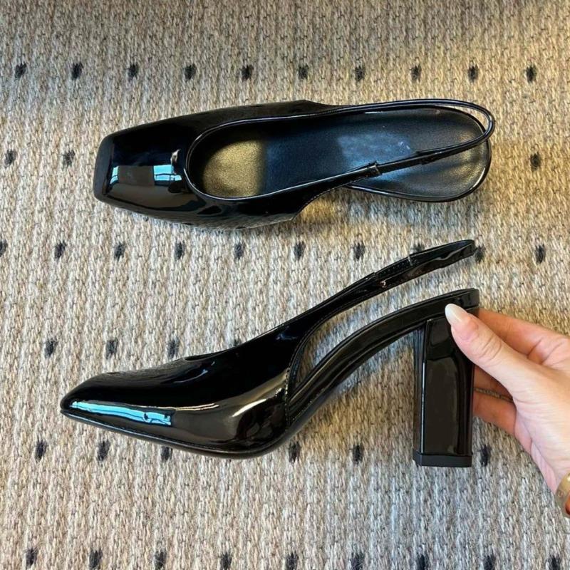 New Fashion Patent Leather Back Trip Strap Block Heel Shallow Mouth Square Toe Wrapped Toe Sandals High Heels for Women