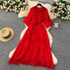Spring Autumn Woman Dress New Flower Round Ne Seven-Quarter Sleeve Waist-Cinching Pleated Dresses for  Women Slimming Gown