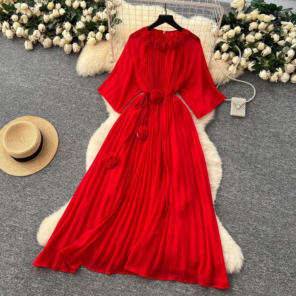 Spring Autumn Woman Dress New Flower Round Ne Seven-Quarter Sleeve Waist-Cinching Pleated Dresses for  Women Slimming Gown