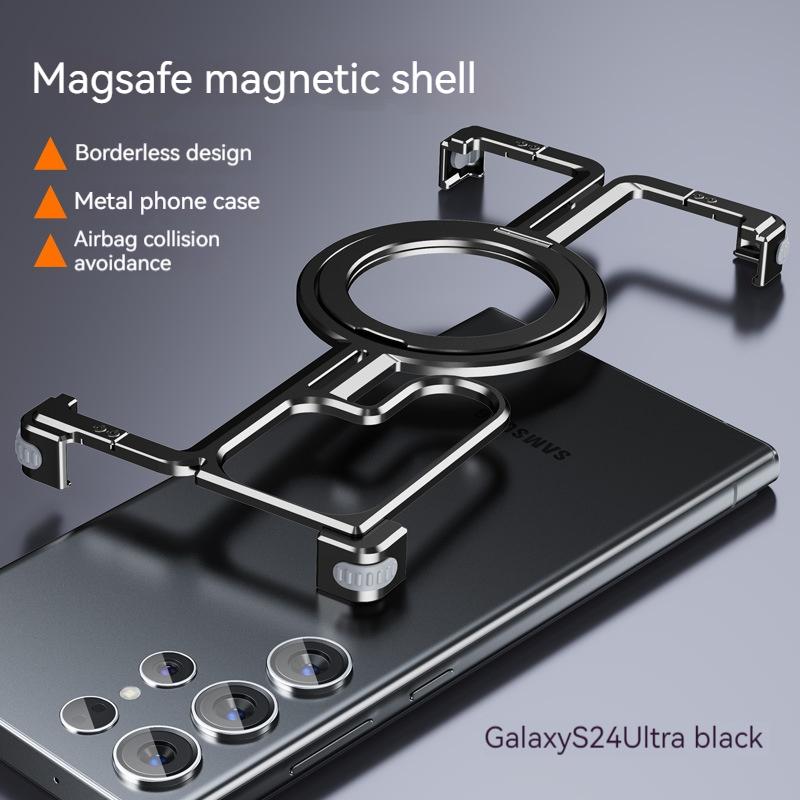 Custodia per Telefono con Staffa Metallica Magnetica per Samsung Galaxy S24 S23 Ultra Telaio in Lega di Alluminio Bumper Senza Bordi con Anello per Dita Copri Telefono