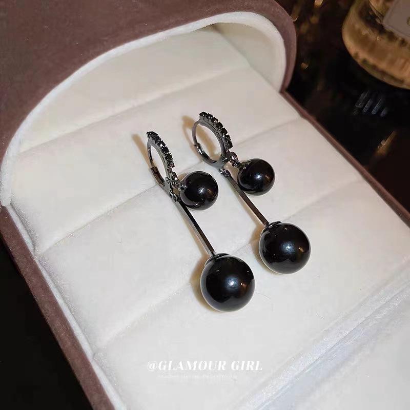 Korean Black Tassel Round Bead Earrings with Rhinestone Ear Cuffs - High-End Versatile Fashion