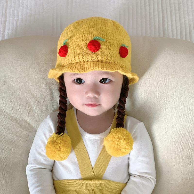 Knitted Princess Hat Cute Cartoon Cherry Wig Braid Winter Ear Protection Warm Windproof Hat For Party