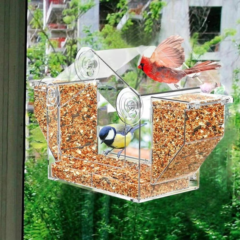 Clear Window Birds Feeder Squirrel-Proof Bird Feeding Trays Bird Food Container  for Sparrow