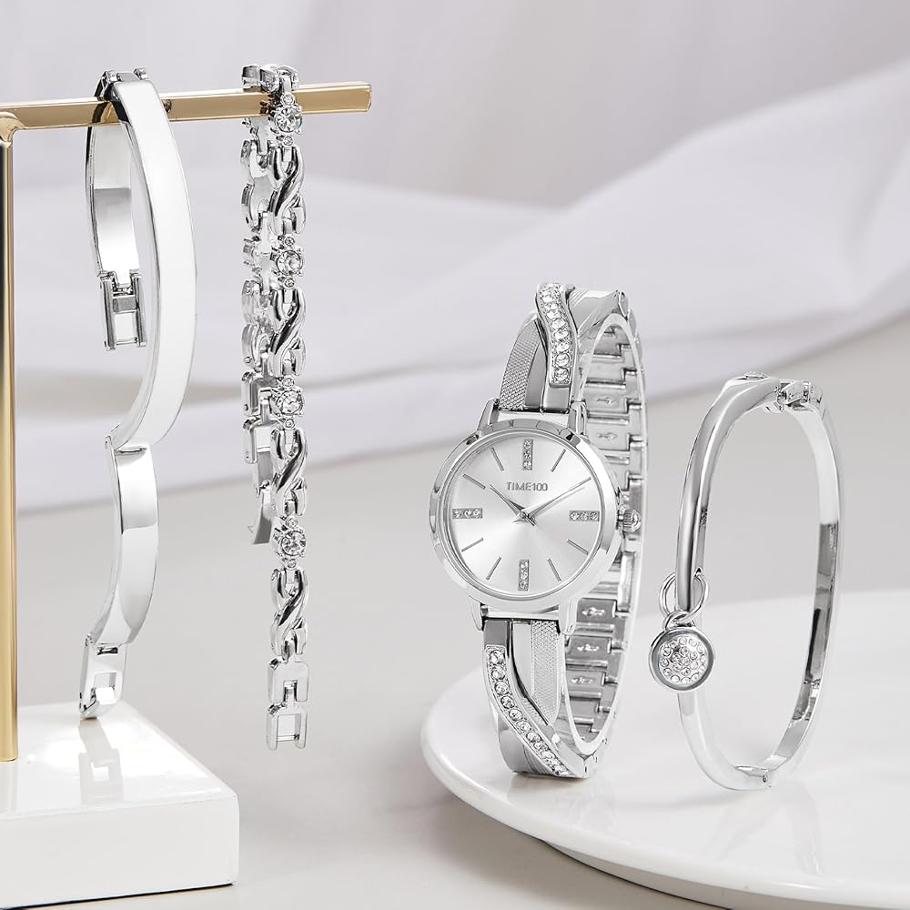 TIME100 Elegant Women's Watch Gift Set with 3 Bracelets Silver Quartz Watch Gift Wrapped