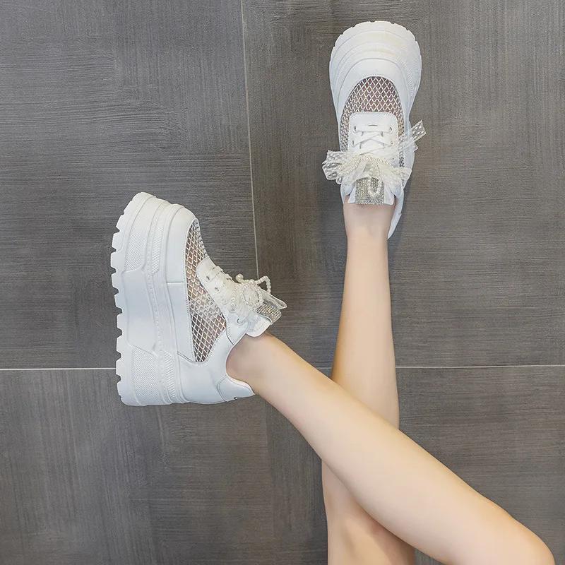 Fashion 10CM Air Mesh Microfiber Leather Breathable Slipper Flats Hollow Round Toe Platform Wedge High Brand Women Sandals Bling Shoes