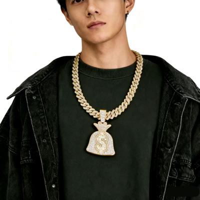 Alloy Rock Sugar Diamond Dollar Coin Bag Pendant Rhombus Cuban Necklace Hip Hop Rap Accessories Summer
