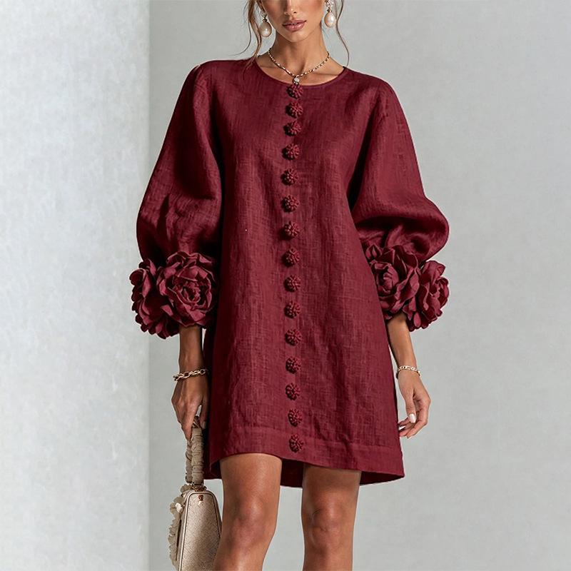Autumn 3D Floral Long Sleeve Short Dress with Decorative Buttons