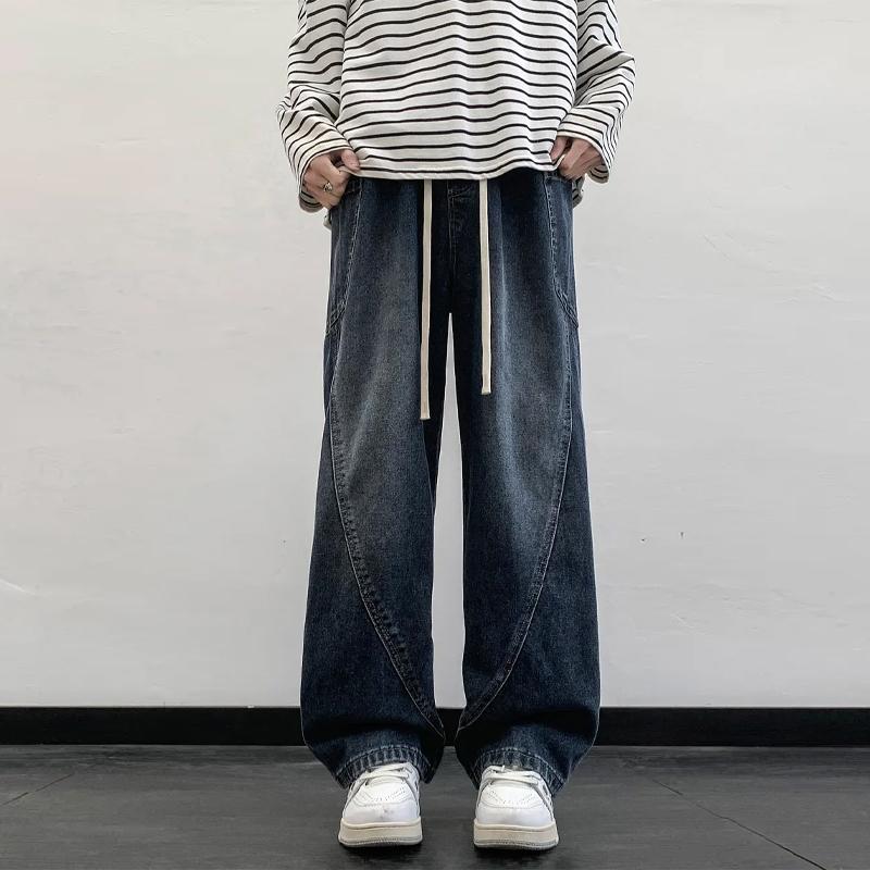 Baggy Jeans Solid Color Washing Summer Men Trousers Loose Wide Leg Casual Straight Moustache Effect Male Bottoms