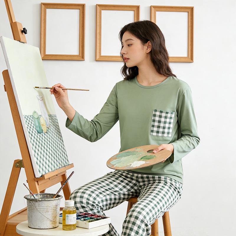 Women's Korean Fashion Long Sleeve Plaid Pajamas: Spring, Autumn, and Winter Casual Homewear Set for Indoor & Outdoor Wear.