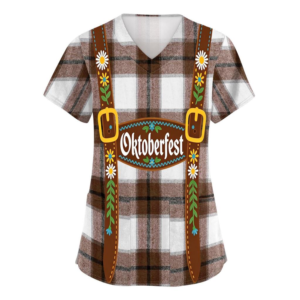 Damskjorta med V-ringning och korta ärmar, med fickor, Oktoberfest-tryck, medicinsk arbetsklädsel, bekväm passform, lätt tyg