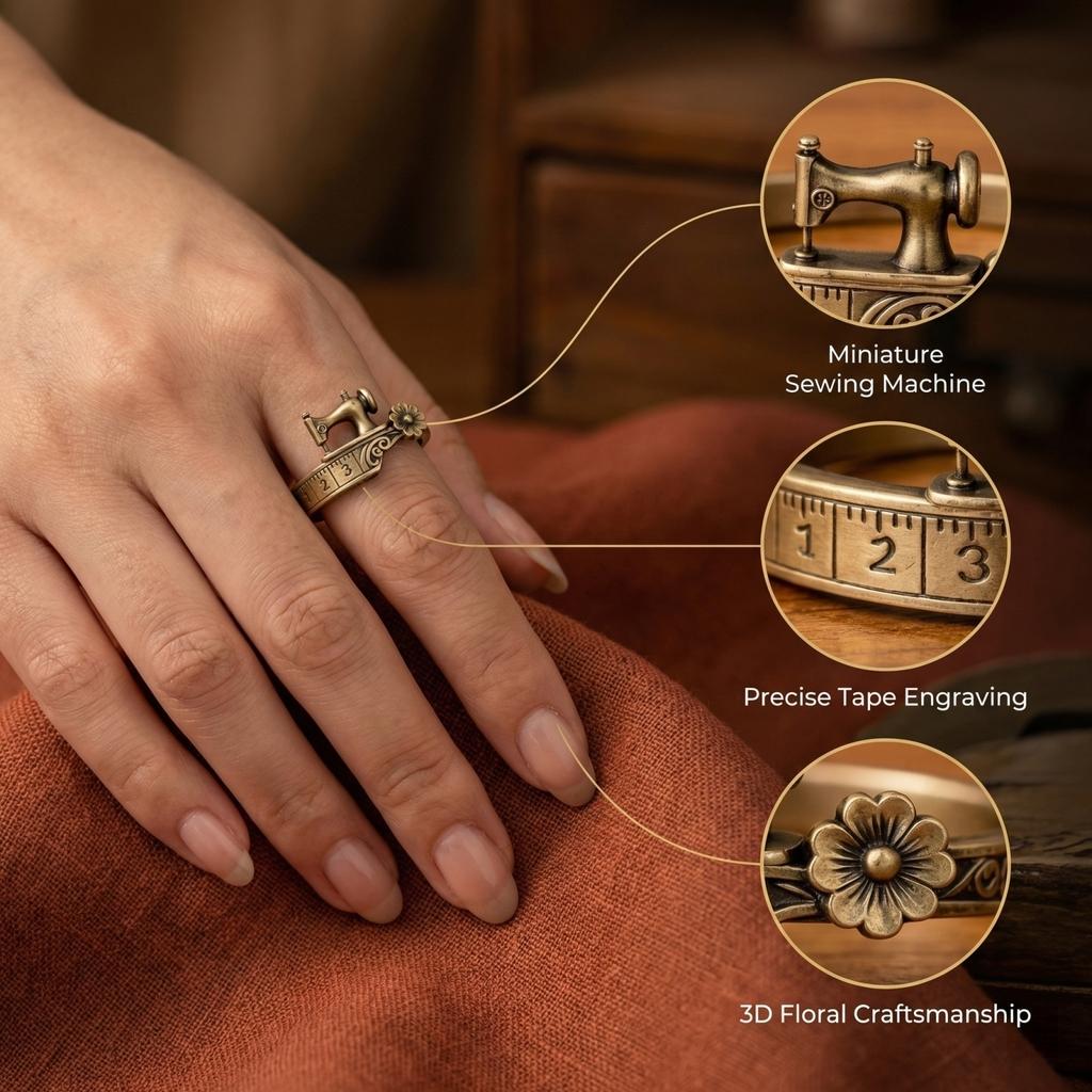 Vintage Sewing Machine Ring Adjustable Band with Measuring Tape Design and Floral Accent Metal Jewelry Accessory for Craft Enthusiasts