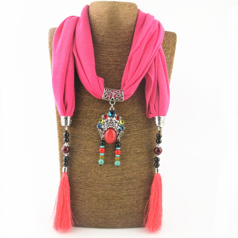 Boho Multi-Gem Pendant Scarf with Tassels, Women's 2-in-1 Fabric Scarf Necklace Accessory
