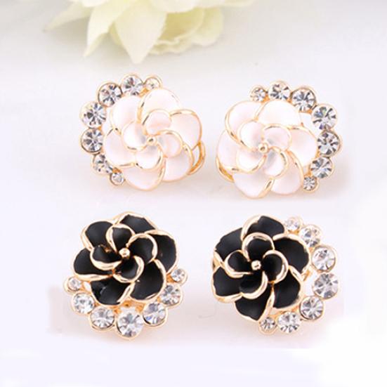 Women Peony Camellia Flower Rhinestones Alloy Ear Stud Earrings Party Jewelry