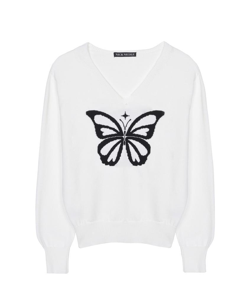 Nigaennikol Butterfly V Neck Jacquard Knit_Ivory