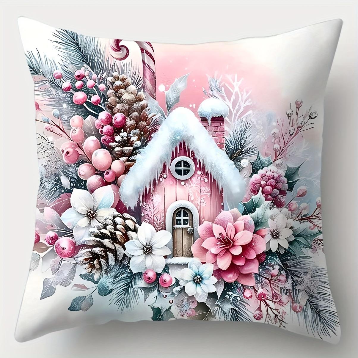 

1pc/4pcs Pink Christmas Pillowcases: Festive Cottages & Winter Wonders for Your Home Sofa cushion cover home room decoration 16x16Inch