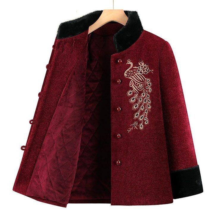 

Embroidered Velvet-Lined Winter Jacket for Elderly Women - Cozy, Trendy Cotton Outerwear for Moms and Grandmas 3XL красный