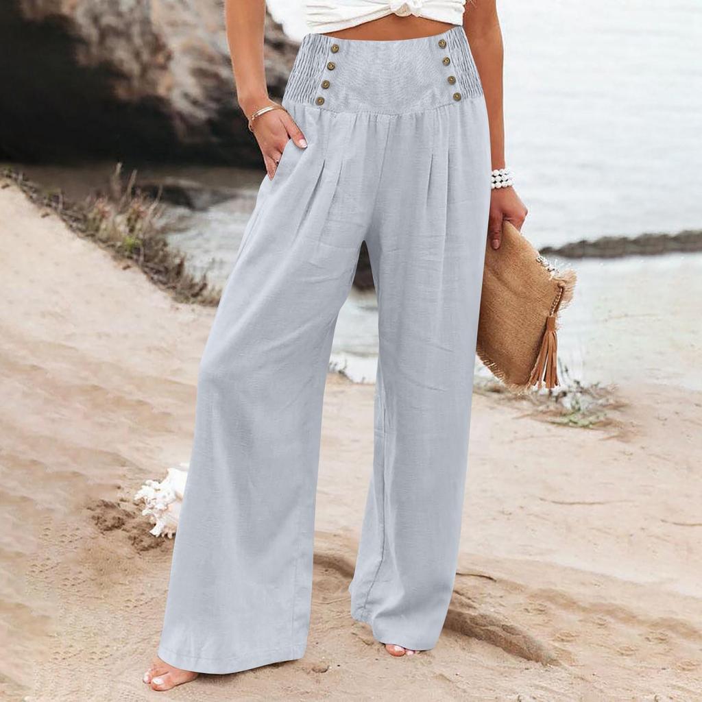 Women's Loose Cotton Linen High Waist Wide Leg Pants - Spring/Summer Casual Elastic Waist