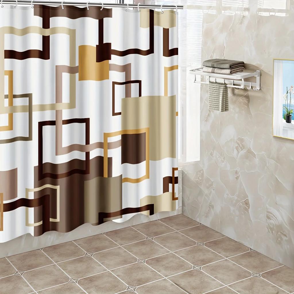 1pcs Simple Style Shower Curtain, Extra Large Brown Box Print Durable Shower Curtain, Bathroom Divider Curtain, Machine Washab