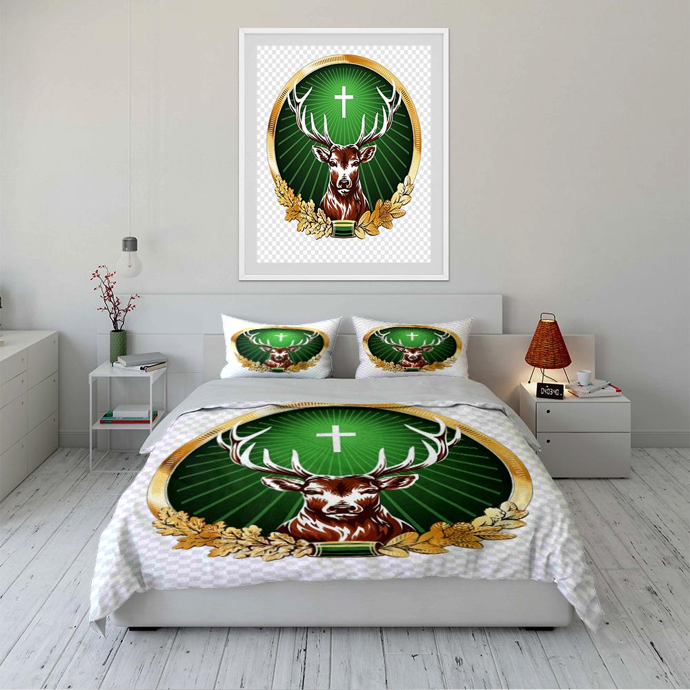 Deer Head with Green Cross Design Bedding Bedding Set (1 Duvet Cover, 2 Pillowcases, Duvet Not Included)
