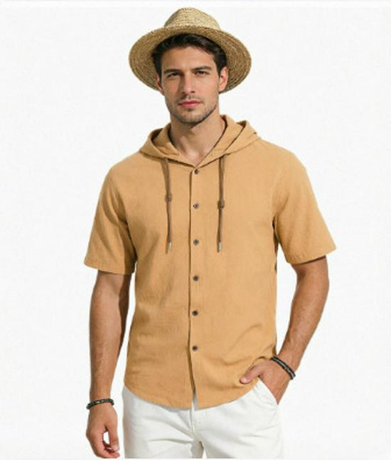 Men's Casual Lightweight Cotton Linen Short-Sleeve Hoodie Cardigan