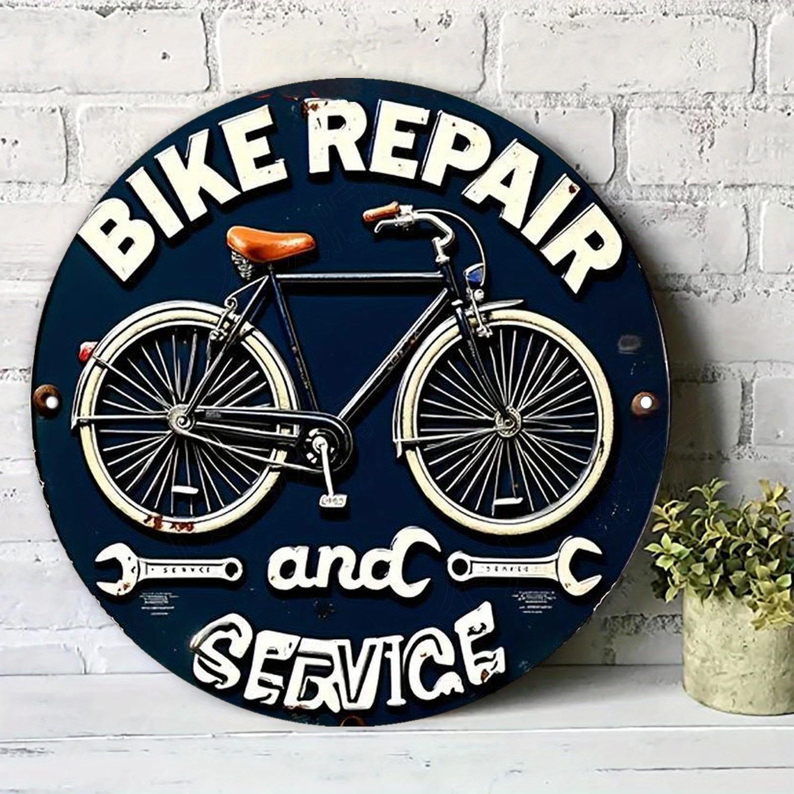 Mfoever Tin Sign Vintage Bike Repair and Service Round Metal Tin Sign Retro Bicycle Workshop Wall Decor Art Plaque for Garage Man Cave Home Bar 20x20cm