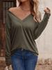 Einfarbiges, lockeres Langarm-T-Shirt mit V-Ausschnitt und Button-Down-Oberteil