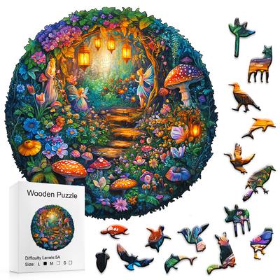 Puzzles en bois pour adultes - Puzzle Champignon Magique, Puzzle de forme unique, Puzzle plat avec effet visuel 3D, Forêt Mystère en bois