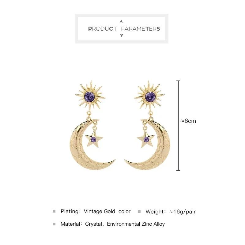 New Fashion Sun Star Moon Drop Earrings Women Purple Cubic Zircon Dance Bohemia Handmade Crystal Moon Star Drop Dangle Earring