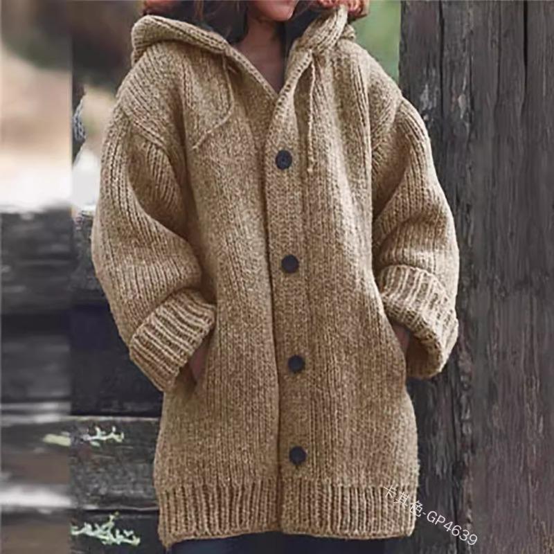 Autumn and winter women's mid-length sweater cardigan with hood