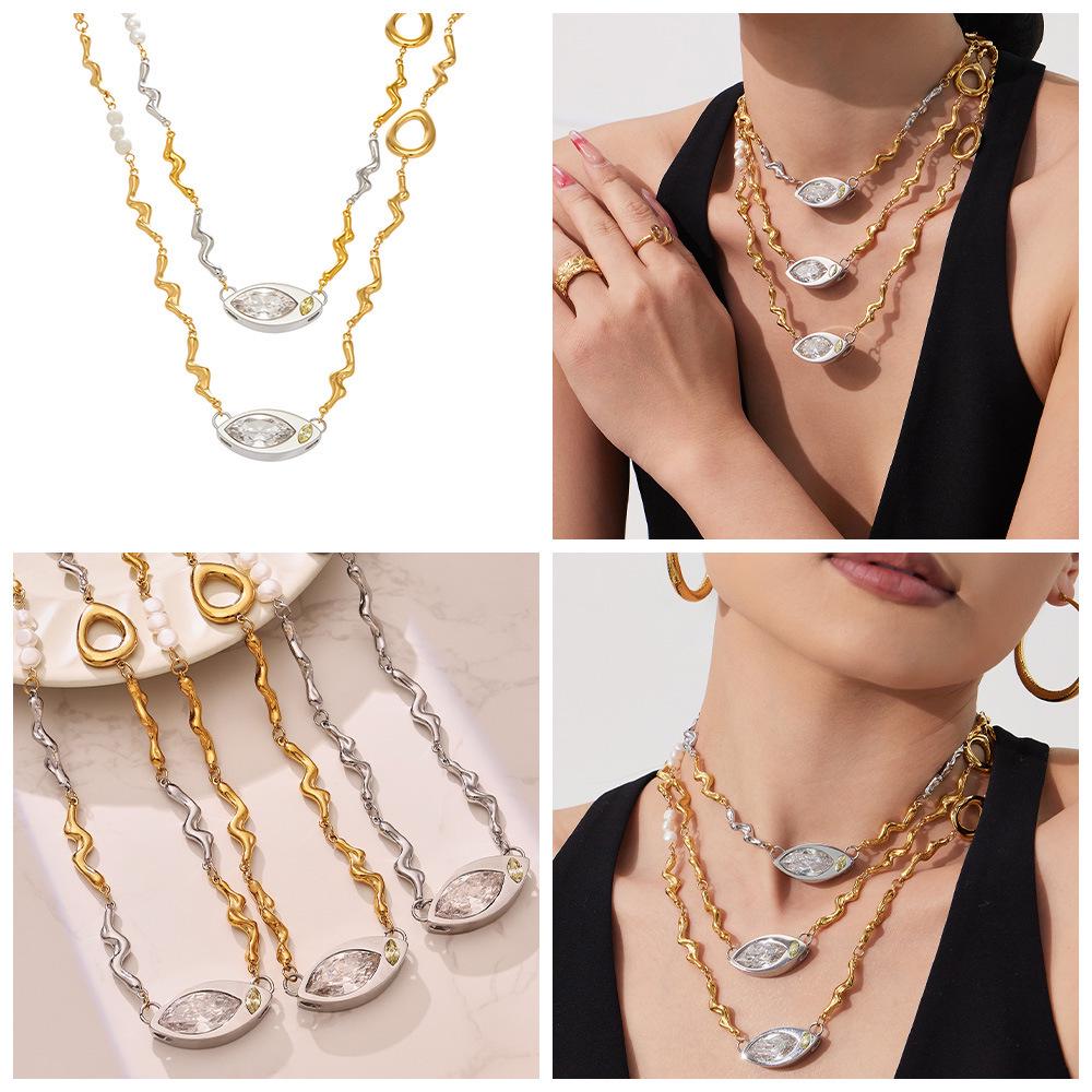 European & American Oval Cut Zircon Pendant with Natural Freshwater Pearl Texture on Stainless Steel Clavicle Necklace