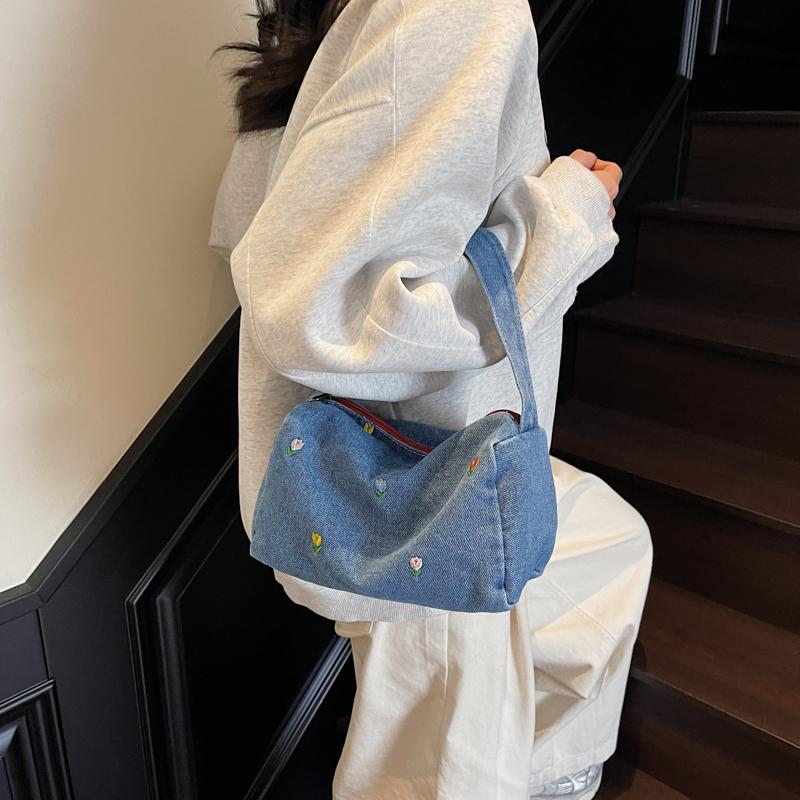Denim Small Square Bag Flower Embroidery Lightweight Women's Shoulder Bag
