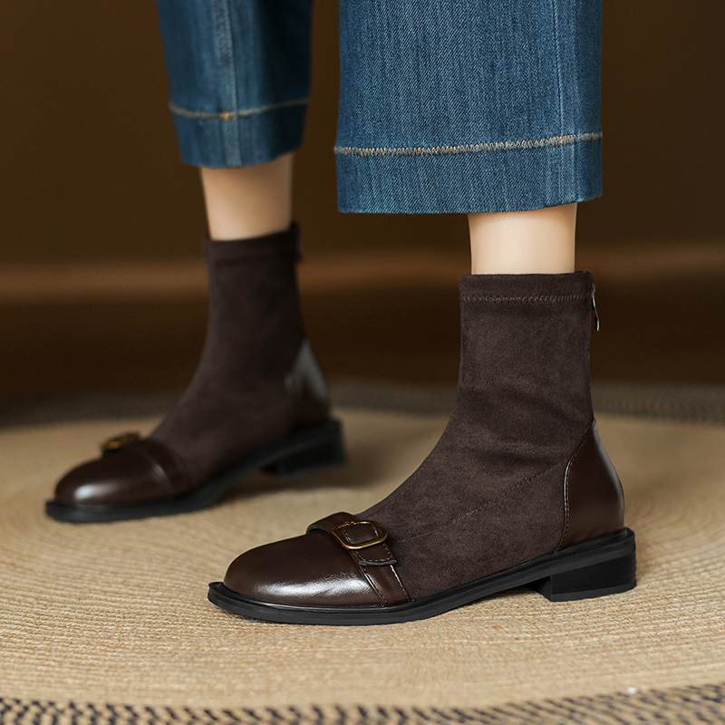 Krazing Po Microfiber Flock Winter Round Toe Size 33 Chelsea Boots Size 43 Zipper Metal Buckle Low Heels Ankle Boots