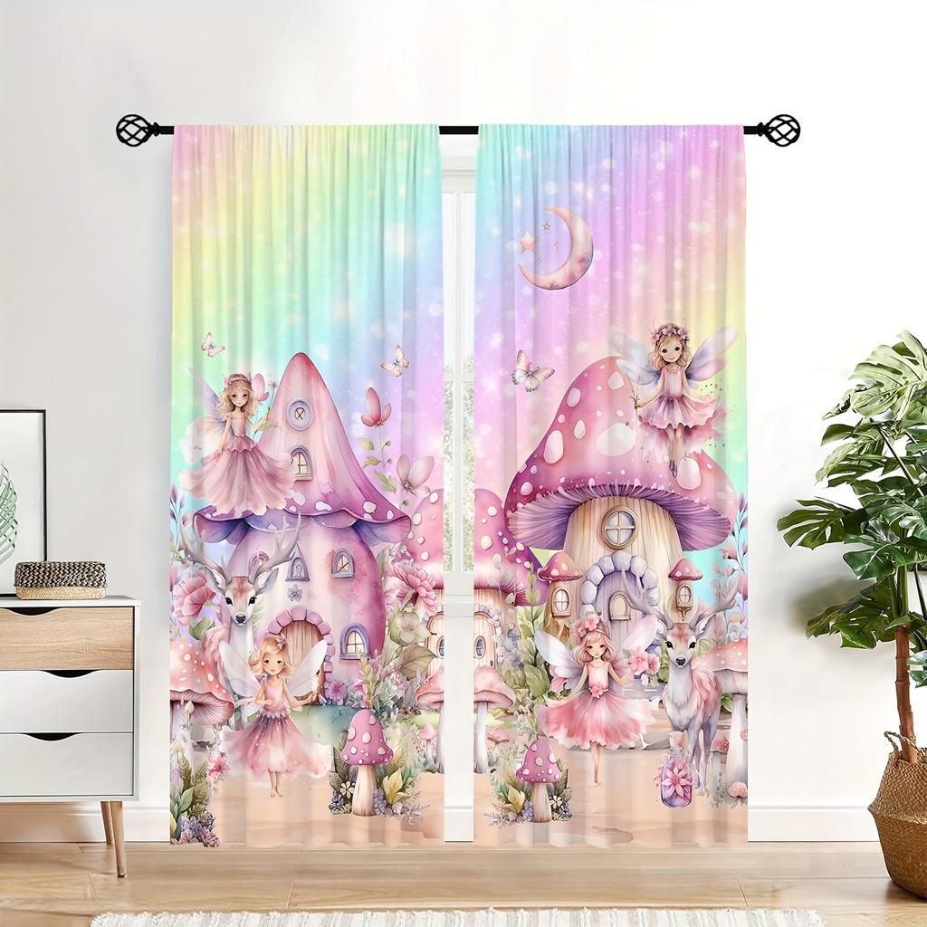 2pcs Mushroom Print Curtains Rod Pocket Decorative Window Drapes Window Treatments For Bedroom Living Room Window Blinds Drape