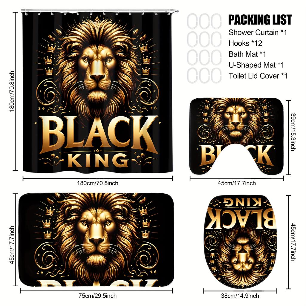 4Pcs Lion Pattern Shower Curtain Set with Non-Slip Bath Mat, Toilet Lid Cover, Contour Rug & 12 Hooks, Bathroom Decor