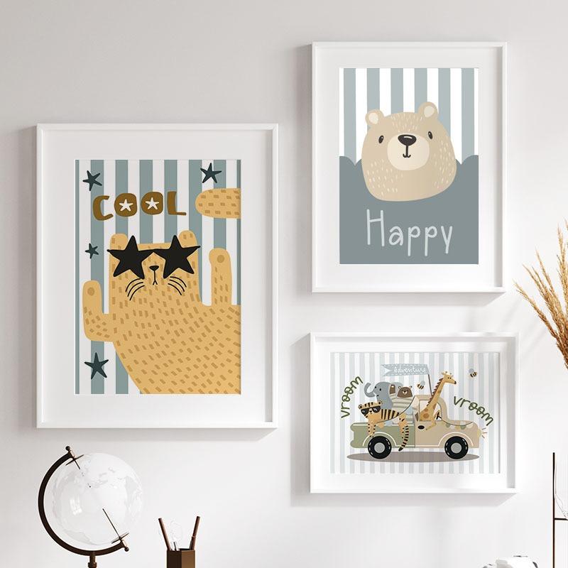 Kawaii Cat Tiger Elephant Giraffe Car Nursery Wall Art Canvas Painting Posters And Prints Wall Pictures For Baby Kids Room Decor