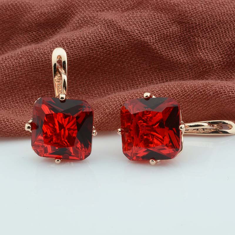 FJ Luxury Wedding Women Earring Rose Gold Color 585 Zircon Fashion Big Square Pink/White/Green/Red/Blue Zircon Drop Earring